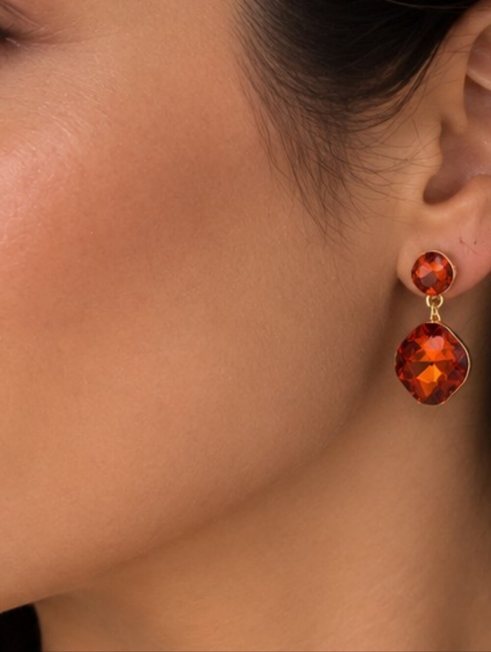 💎 Orange Crystal Dangle Earrings Gold Tone Faceted Drop Statement NWOT